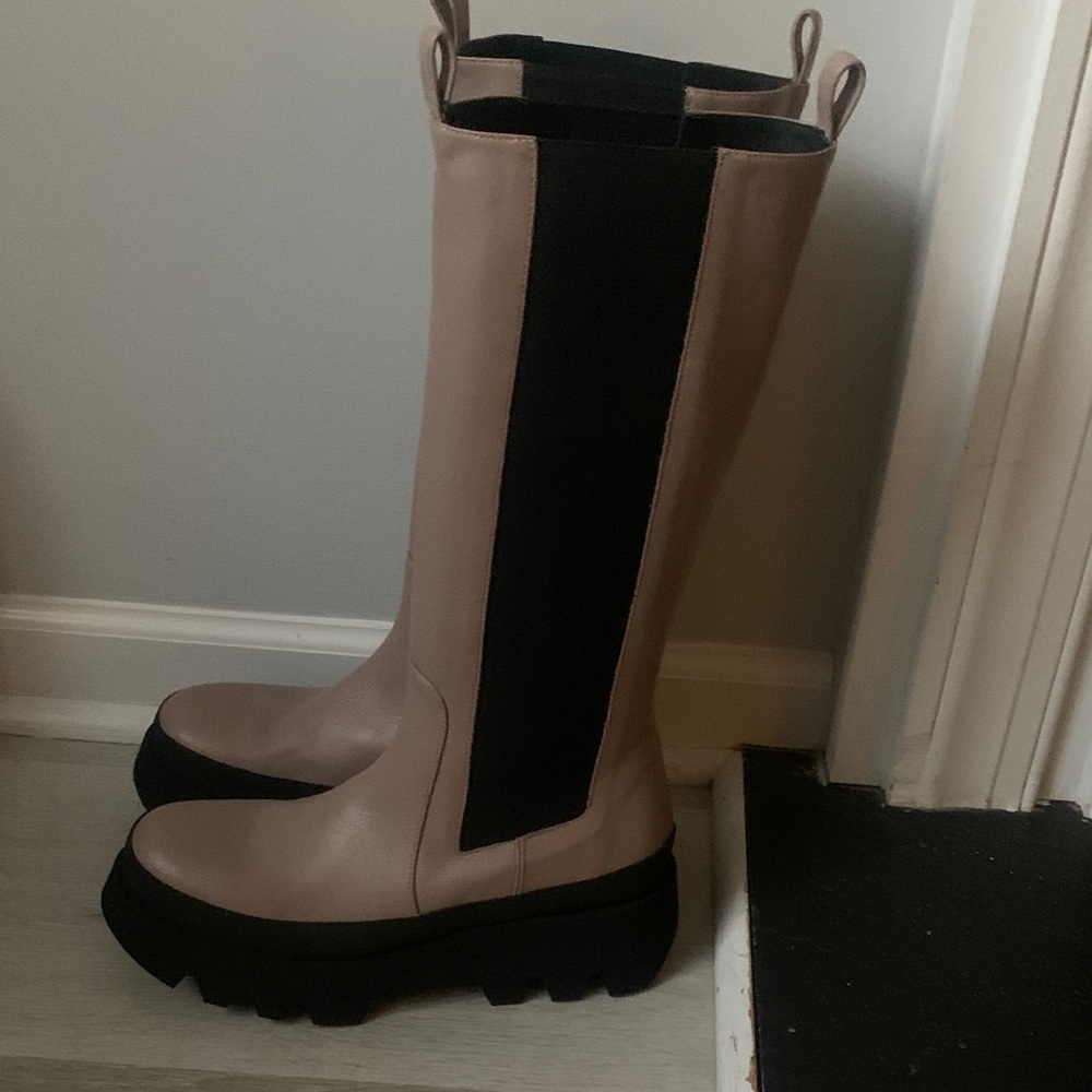 Paloma Barcelona tall leather platform boots size 39 chunky pull on beige Bibi - Picture 2 of 9